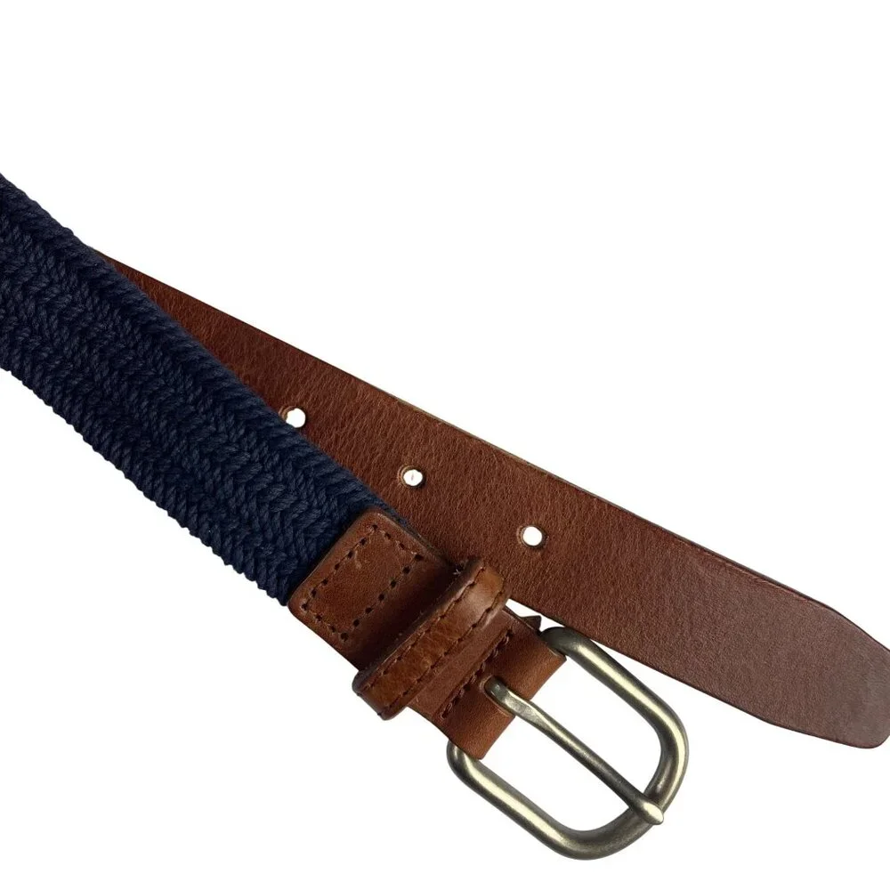 Crewcuts Navy Blue Braided Belt Boys Medium Brown Leather Ends Nickel Buckle